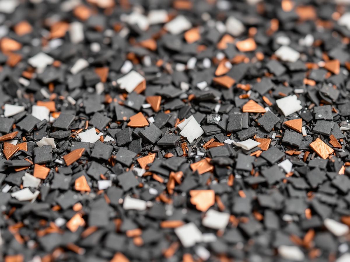 Decorative epoxy flake chips in copper and charcoal